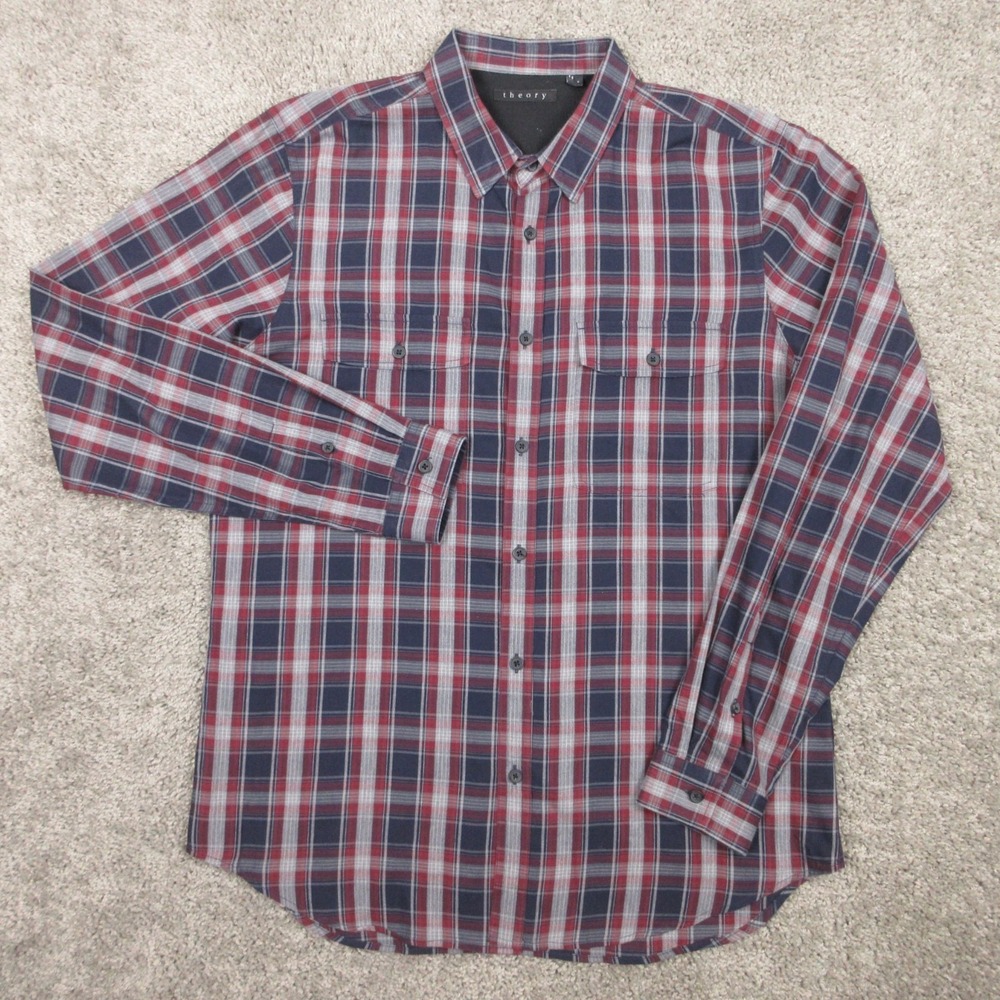 Theory Shirt Mens Large Blue Red‎ Plaid Two Pocket Outdoor Button Up Twill EUC